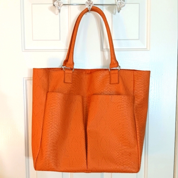Neiman Marcus Handbags - Neiman Marcus Orange Crocodile Embossed Leather Tote Bag